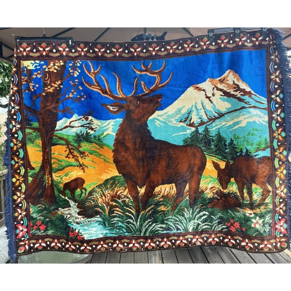 Vtg Velour Velvet Tapestry Wall Hanging Elk Deer Cabin Meadow Landscape Cabin